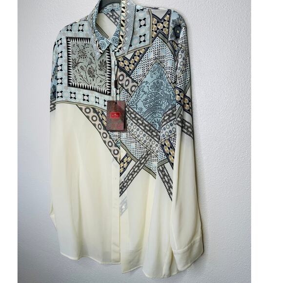 ETRO Pastel Cream Blue Multi Geometric Print Button Collar Silk Blouse  46 / L - Picture 4 of 16